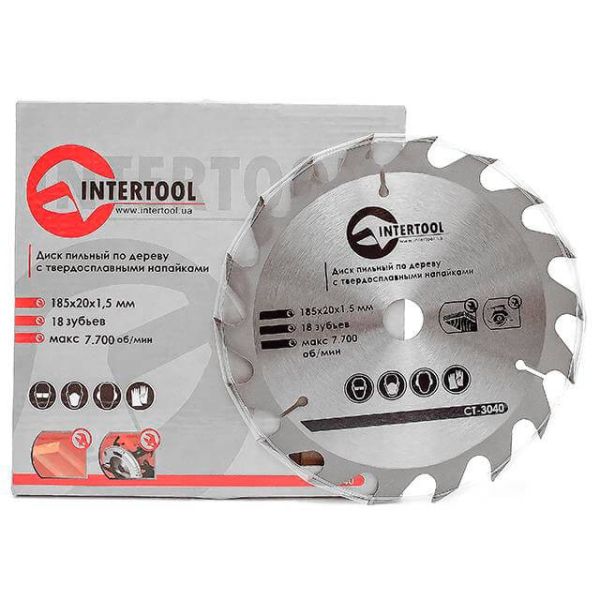 Диск пильний по деревині із твердосплавними напайками 185x20x1.5 мм, 18 зубів INTERTOOL CT-3040