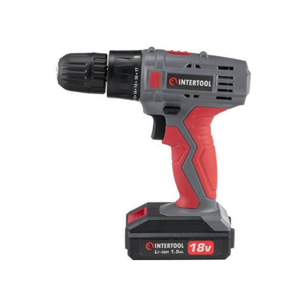 Дриль-шурупокрут акумуляторний 18 В, 17 Nm, 0-700 об/хв, 0.8-10 мм, Li-Ion, 1.5 Аг INTERTOOL DT-0315
