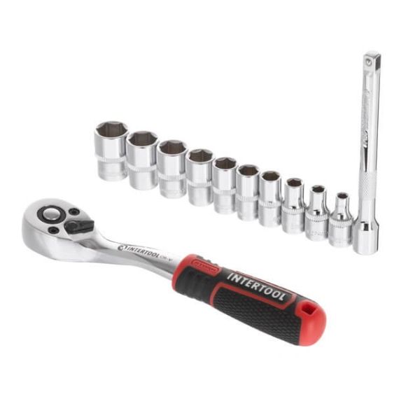 Набір головок 1/4 "4-13 мм., подовжувач, рукоятка з храповим механізмом 72 зубця, 12 од., Cr-V STORM INTERTOOL ET-8012