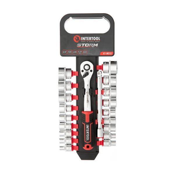 Набір головок 3/8" 6-24 мм., подовжувач, рукоятка з храповим механізмом 72 зуба, 20 од., Cr-V STORM INTERTOOL ET-8015