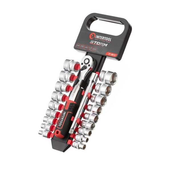 Набір головок 3/8" 6-24 мм., подовжувач, рукоятка з храповим механізмом 72 зуба, 20 од., Cr-V STORM INTERTOOL ET-8015