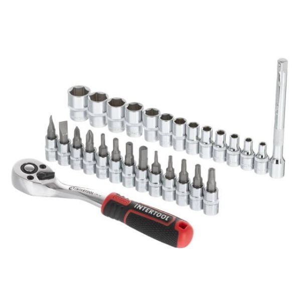 Набір головок 1/4" 4-14 мм., TORX, PH, HEX, FD, подовжувач, рукоятка з храповим механізмом 72 зубця, 28 од., CrV STORM INTERTOOL ET-8018