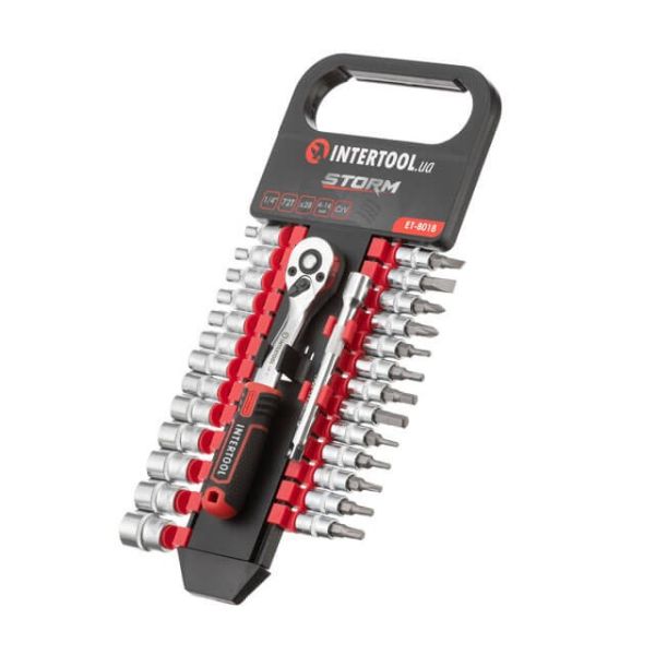 Набір головок 1/4" 4-14 мм., TORX, PH, HEX, FD, подовжувач, рукоятка з храповим механізмом 72 зубця, 28 од., CrV STORM INTERTOOL ET-8018