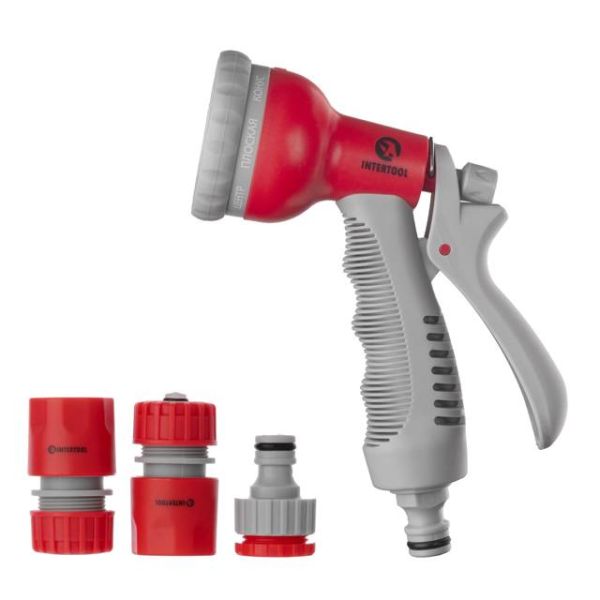 Пістолет-розпилювач для поливу 8-ми функціональний (центральний, туман, душ, кутовий, повний, злива, конічний, плаский) + адаптер універсальний з внутрішньою різьбою 1/2" та 3/4", конектор 1/2" для шлангу 1/2", конектор з аквастоп INTERTOOL GE-0002