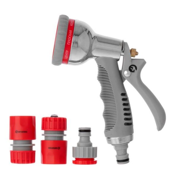 Пістолет-розпилювач для поливу 8-ми функціональний хромований (центральний, туман, душ, кутовий, повний, злива, конічний, плаский). + адаптер універсальний з внутрішньою різьбою 1/2" та 3/4", конектор 1/2" для шлангу 1/2", конекто INTERTOOL GE-0005