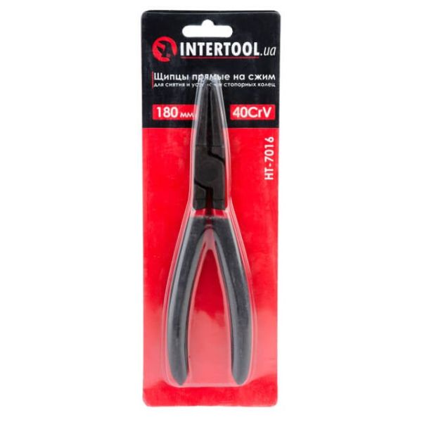 Щипці для зняття і установки стопорних кілець 180мм, прямі на стиск, 40CrV, фосфатовані, поліровані. INTERTOOL HT-7016