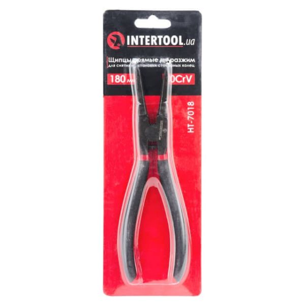 Щипці для зняття і установки стопорних кілець 180мм, прямі на розжим, 40CrV, фосфатовані, поліровані. INTERTOOL HT-7018