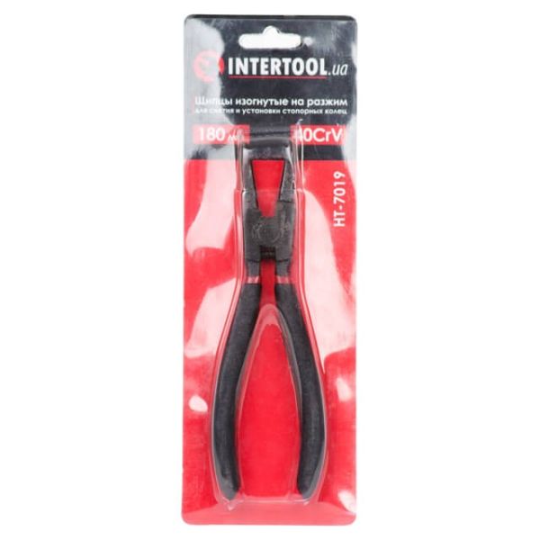 Щипці для зняття і установки стопорних кілець 180мм, вигнуті на разжим, 40CrV, фосфатовані, поліровані. INTERTOOL HT-7019