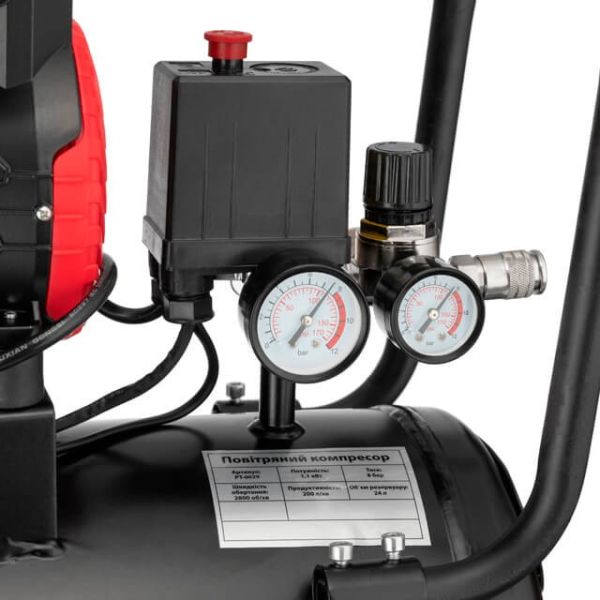 Компресор 24 л, 1.1 кВт, 220 В, 8 aтм, 200 л/хв., 2800 об/хв., безмасляний, 2 циліндра INTERTOOL PT-0029