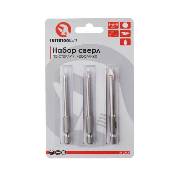Набір свердел по склу та кераміці 5 + 6 + 8 мм HEX 1/4'' (6.35 mm) INTERTOOL SD-0293
