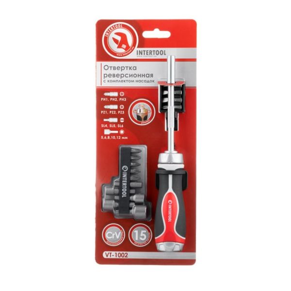 Викрутка реверсивна з комплектом насадок 15 од. INTERTOOL VT-1002