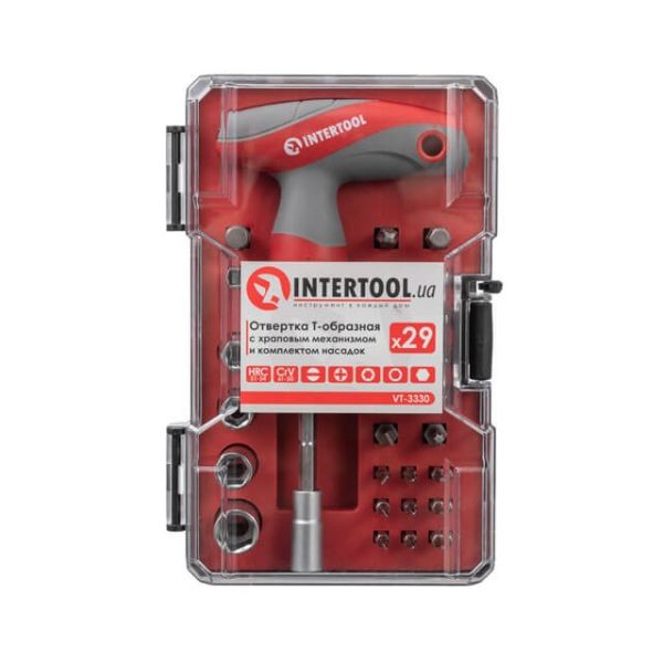 Отвертка Т-подібна з храповим механізмом і комплектом насадок 29 од. INTERTOOL VT-3330
