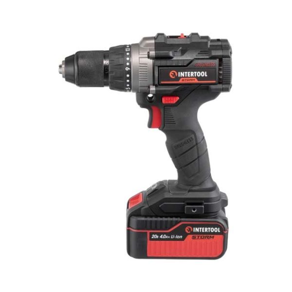 Дриль-шурупокрут акумуляторний ударний з безщітковим двигуном 20 В, 100 Нм, 0-410/0-1800 об/хв, 2-13 мм, Li-Ion, 4.0 Аг, ЗП 4 А, кейс INTERTOOL WT-0361