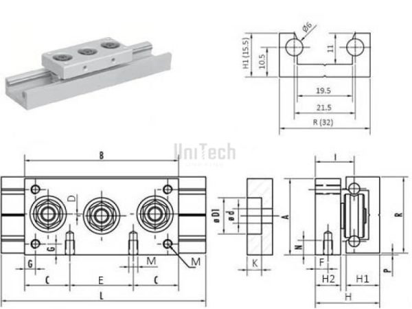 Каретка роликовая MI 32 A=32 B=65